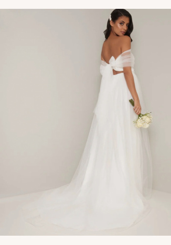 Biele dlhé tylové svadobné šaty s mašľou 0313C